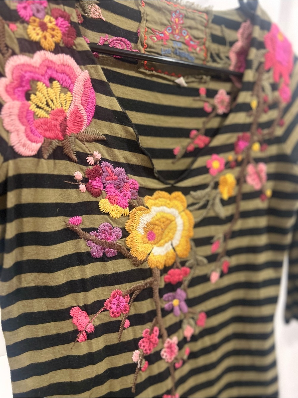 Johnny Was Striped Love Embroidered Floral V-Neck Top - Olive & Black